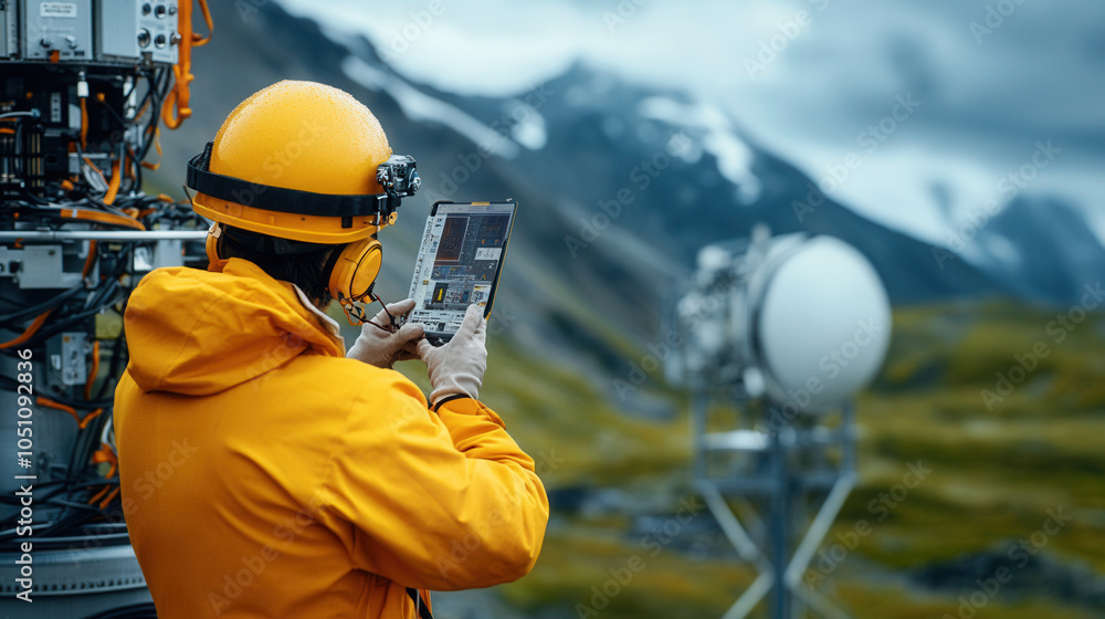 Aufkleber communication engineer in bright yellow jacket is testing signal strength in mountainous area, using