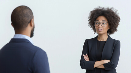 Serious Business Discussion:  A focused businesswoman with arms crossed, confronts a male colleague.  Their serious expressions and body language suggest a crucial business conversation.