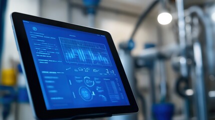 A tablet displays a blue screen with a lot of numbers and graphs