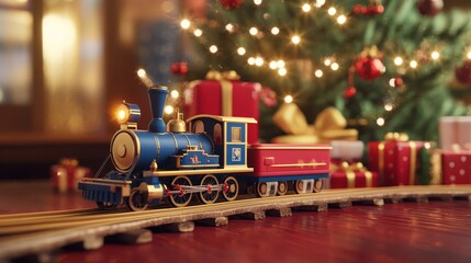 Purple toy train circles a decorated christmas tree, nostalgic holiday scene purple