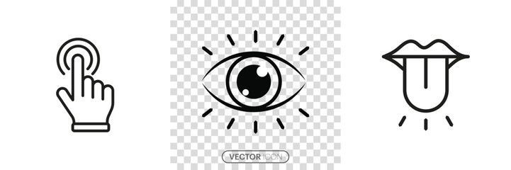 Human sense icons. three human senses icons. Vision, touch, taste, senses fillings. three fillings icon in trendy flat style isolated on transparent background. Vector Illustration.