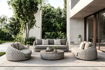 A modern outdoor patio with Islamic-inspired patterned tiles and minimalistic furniture, with copy space. Natural lighting. Fresh background.