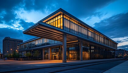 Modern glass building illuminated at dusk, showcasing contemporary architectural design.