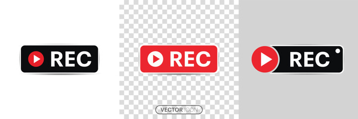  Rec button icon set. Red logo camera video recording symbol collection, Recording banner icon in trendy flat style isolated on transparent background. Vector illustration.
