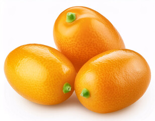 Three bright orange kumquats with green stems, arranged in a triangle on a white background