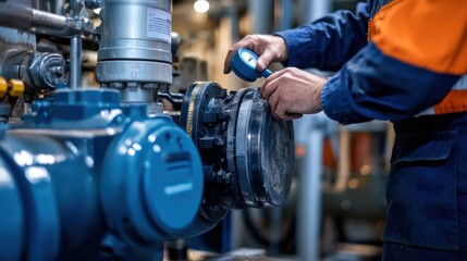 A man is working on a blue pipe with a pressure gauge