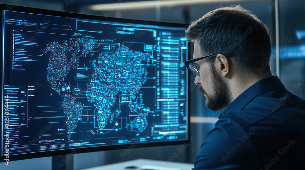 Poster analyzing environmental impact data on digital map, focused engineer examines global information on 