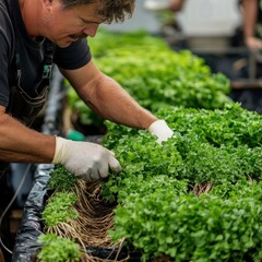 Naklejka premium A farmer carefully tending to a row of vibrant green leafy plants in a greenhouse.