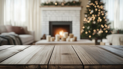 Fototapeta premium Cozy Christmas Fireplace Tabletop: A rustic wooden table sits in the foreground, invitingly empty, with a warm, inviting fireplace and a beautifully decorated Christmas tree in the background.