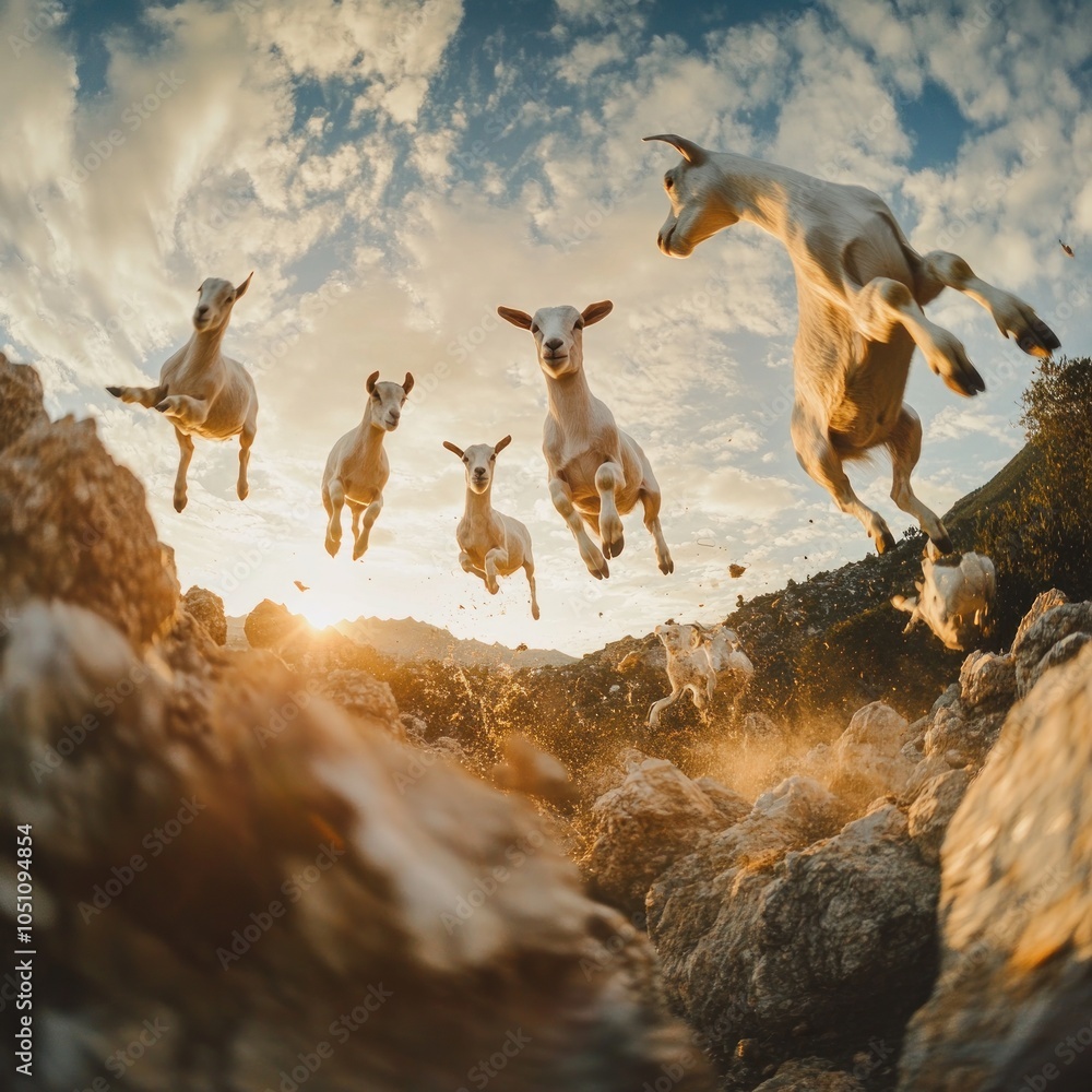 Poster a group of goats leaps over rocks in a playful display of agility, with the setting sun casting a wa