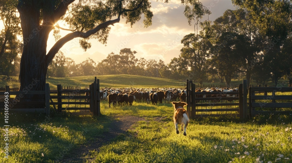 Poster a dog runs towards a herd of cattle in a grassy field with a wooden gate and a tree in the backgroun