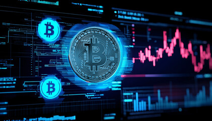 Fototapeta premium A computer screen shows a bitcoin with the letter B on it