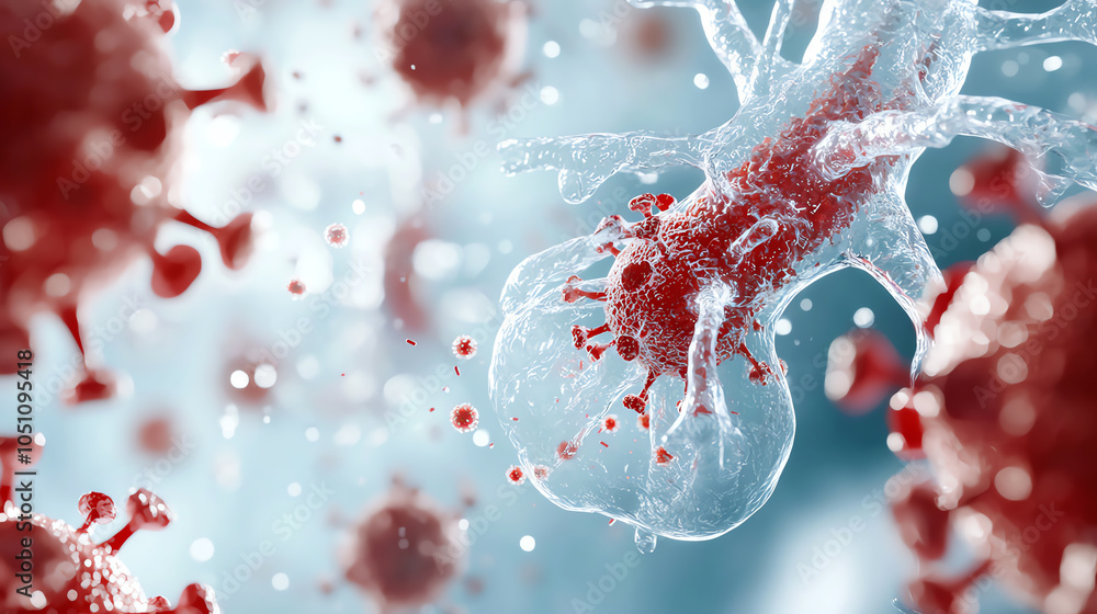 Poster exploring the complex interactions between viruses and host cells in modern scientific research