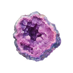 Fototapeta premium Geode's Amethyst Heart: This image offers a detailed look at an opened geode revealing stunning crystalline formations in rich shades of amethyst and purple