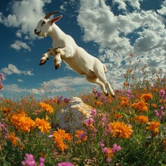 A white goat leaps over a rock in a field of colorful wildflowers.