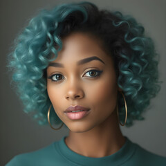 Fototapeta premium Una jovial mujer afroamericana con pelo verdiazulado