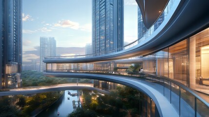 Obraz premium Elevated passage and modern buildings. architecture modern. Ultra realistic. Photorealistic