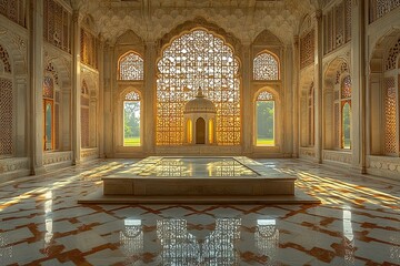 Obraz premium Sunlight streams through the ornate windows of an empty palace.