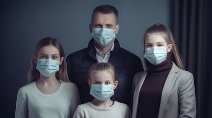 Family of four wearing medical masks during coronavirus pandemic looking scared at the camera.