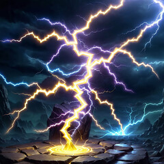 Fototapeta premium A large, luminous yellow lightning bolt strikes a dark rock, creating a glowing ring on the rocky ground. Blue lightning streaks across the dark sky, with distant mountains in the background.