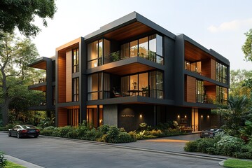 Modern apartment building exterior with balconies at sunset.