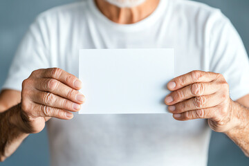An elderly man holding a blank card for creativity or communication purposes