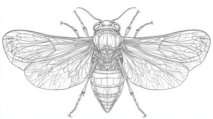 Obraz premium Detailed Line Art Illustration of a Cicada with Intricate Wing Patterns and Symmetrical Design