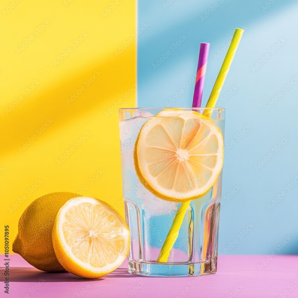 Poster a glass of refreshing lemonade with a lemon wedge and ice on a colorful background.
