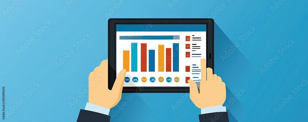 Poster a person is holding a tablet and touching a graph. concept of analyzing data and making decisions ba