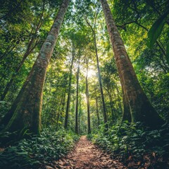 Obraz premium A path through a lush green forest with sunlight filtering through the canopy.