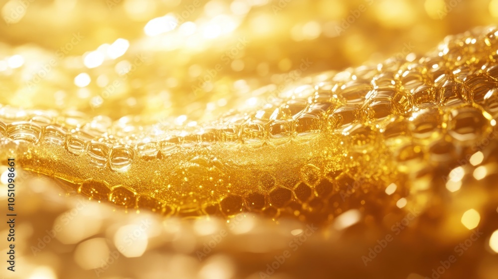 Poster abstract close-up of golden liquid with bubbles and a honeycomb pattern.
