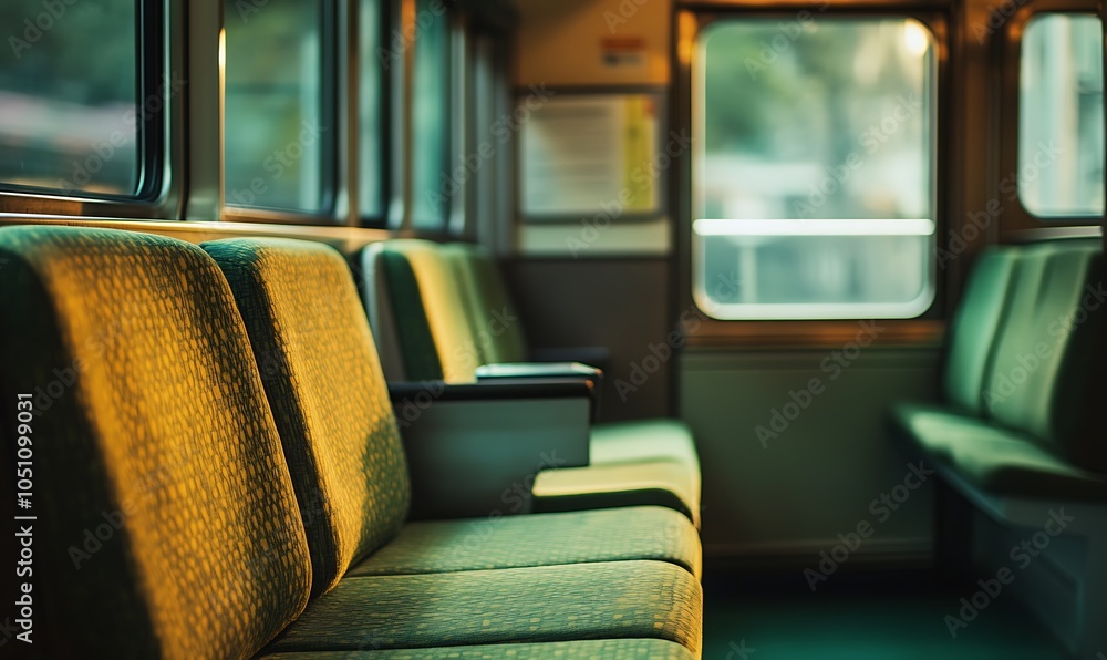 Poster a serene view of empty train seats illuminated by soft sunlight.