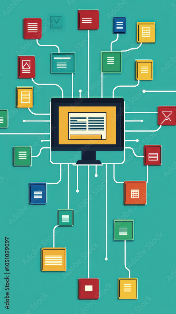 Poster a computer monitor displays a network of books and other documents. concept of a vast collection of 