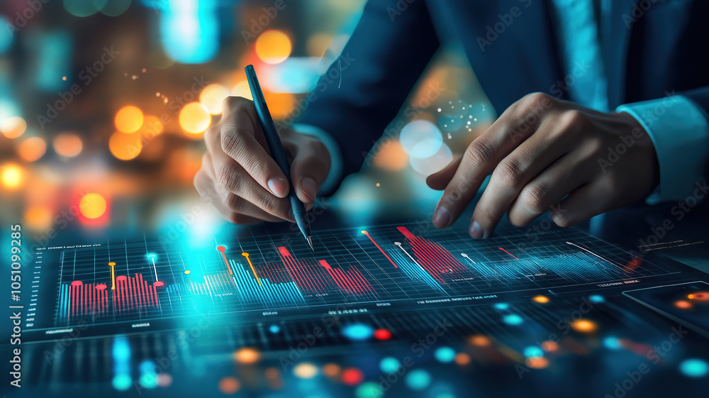 Poster analyzing trading strategies with comprehensive digital graphs of the stock market