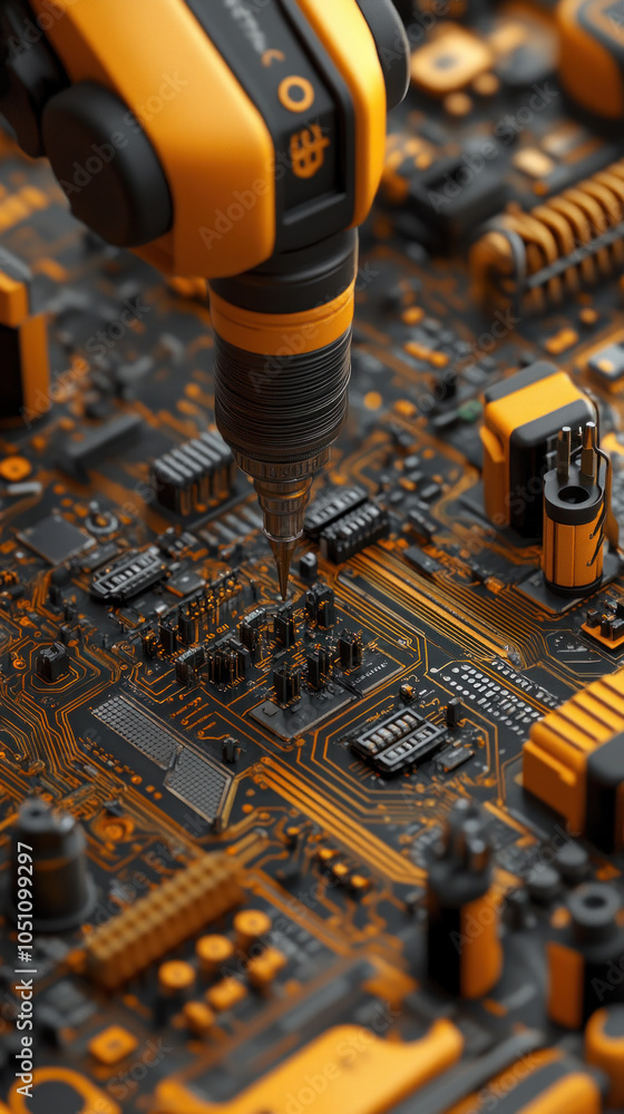 Poster a close up of a circuit board with a yellow drill on it. the drill is being used to make a hole in t