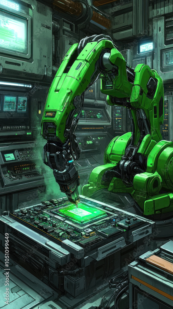 Poster a green robot is working on a green computer chip. the robot is surrounded by a lot of computer moni