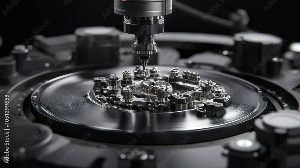 Poster a machine is making a small object. the object is round and has many small parts. the machine is ver