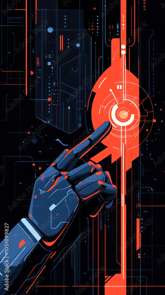 Poster a hand is pointing to a red button on a black background. the image has a futuristic and technologic