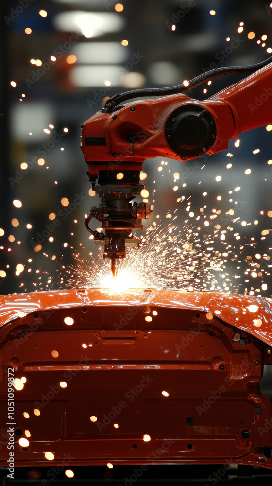 Poster a robot is working on a car, and sparks are flying from the machine. the scene is intense and action