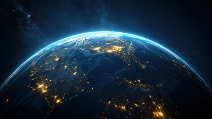 Obraz premium Global Digital Communication System with Flickering City Lights Around the Earth