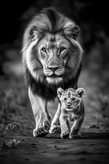 Powerful black and white photo of a male lion walking alongside his cub, capturing a moment of strength, protection, and family bond