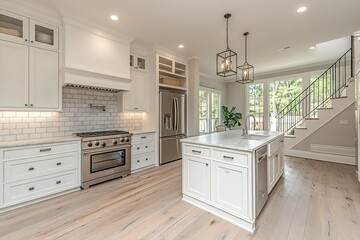 Bright white kitchen with island and stainless steel appliances.