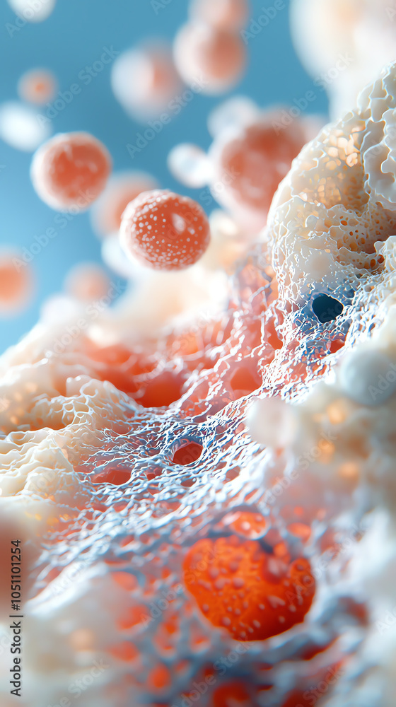 Poster exploring the intricate world of microbial life through stunning close-up imagery of cellular struct