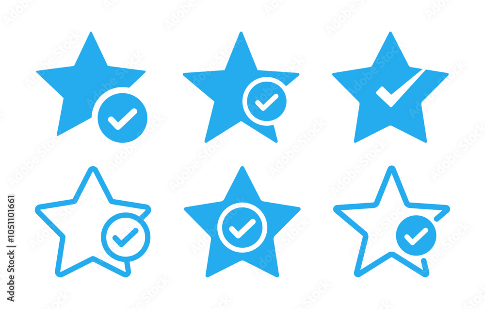 Poster star with checkmark verified symbol icon set in blue color vector icon. verified checkmark icon set 