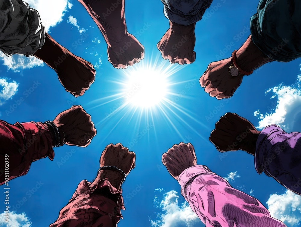 Poster unity and strength a collective rise towards progress under the sunlight