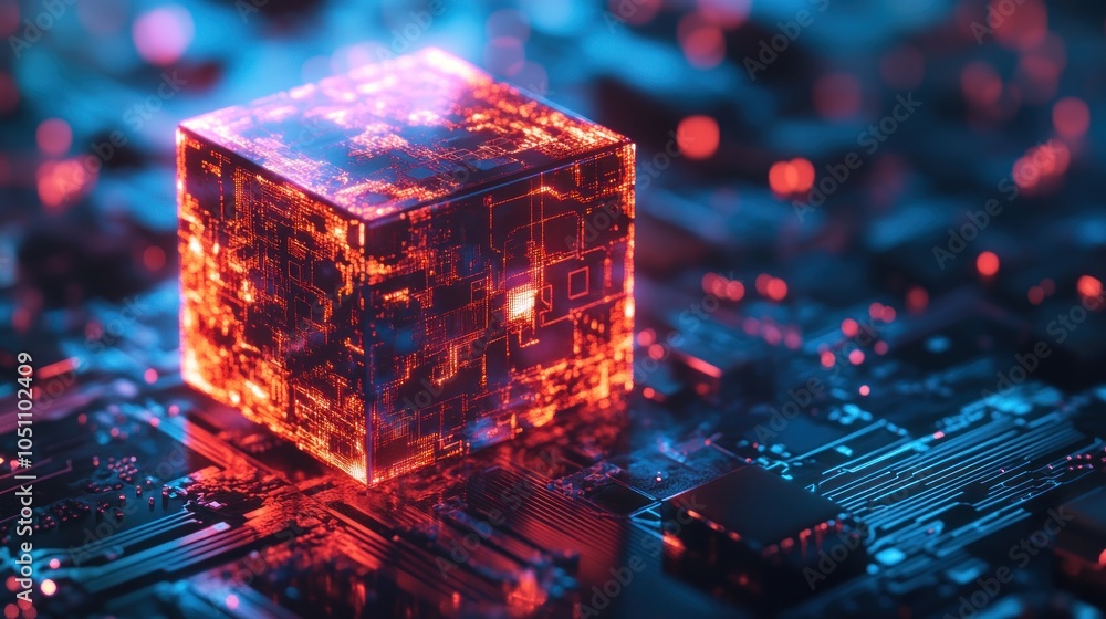 Poster artificial intelligence technology innovation concept with dynamic ai cube on glowing circuit board