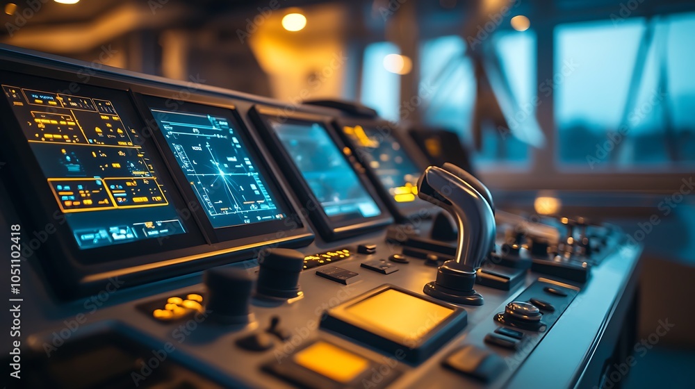 Poster control panel with screens and levers for navigation and monitoring in a vessel.
