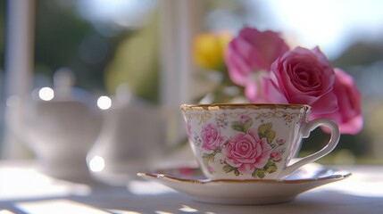 Fototapeta premium Elegant Afternoon Tea with Floral China and Bokeh Effect