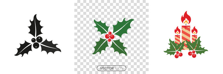 Christmas holly berry icon set. Candle icon in trendy flat style isolated on transparent background. Holly berry leaf vector art, seasonal decoration for invitations. vector illustration