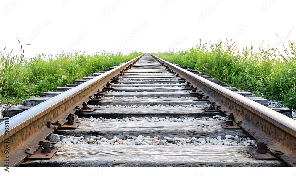 Poster a perspective view of a railway track surrounded by greenery.